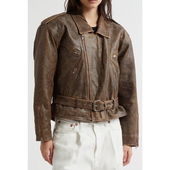 R13 Exaggerated Shoulder Brown Leather Moto Jacket Belted Distressed M - Picture 3 of 16
